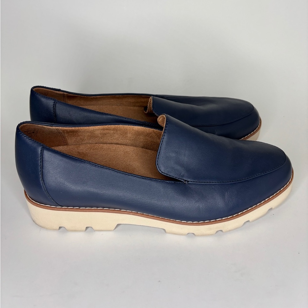 Vionic Navy Blue Leather Slip-On Loafers with Cream Sole